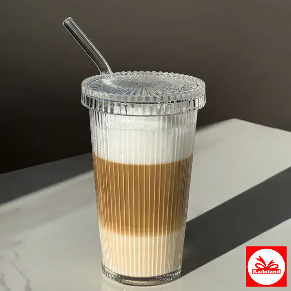 Kadoland Latte-glas met deksel + glazen rietje