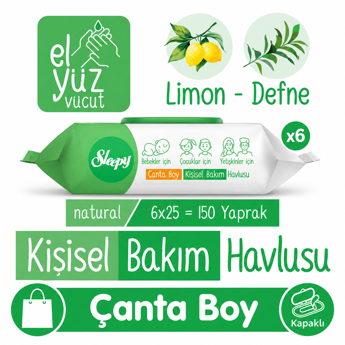 Sleepy Natural - Lingettes de soins personnels, format de voyage, lot de 6, parfum citron et laurier, nettoyantes